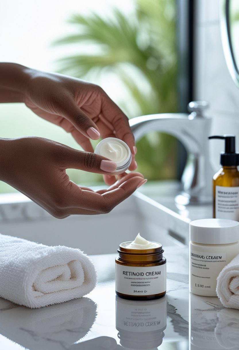 Close-up of hands applying skincare cream on a person's face in a bright bathroom with skincare products on a countertop.
